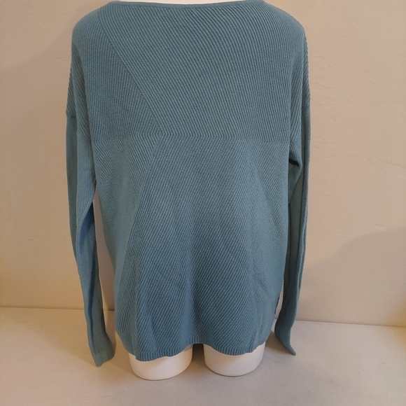J Jill Blue Sweater Top Size L Geometric  Lines Knit Thick Oversized Boat Neck - Picture 2 of 10